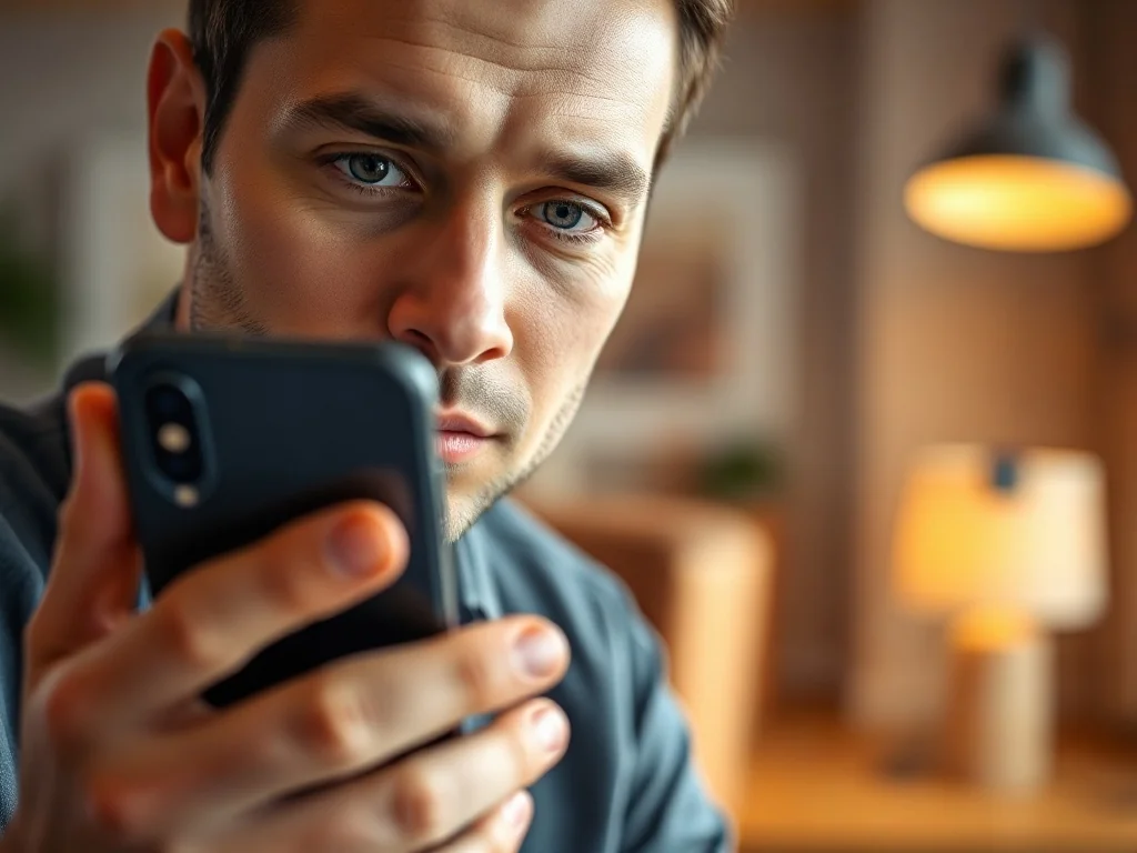 Mężczyzna skupiony na ekranie iPhone'a w domowym biurze, ilustrujący proces zarządzania aplikacjami na telefonie.
