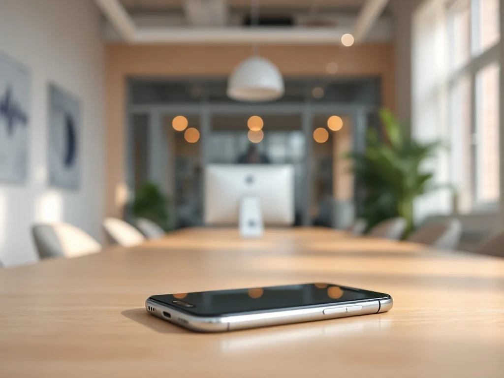 Nowoczesny smartfon leżący na drewnianym biurku w jasnym, profesjonalnym biurze.