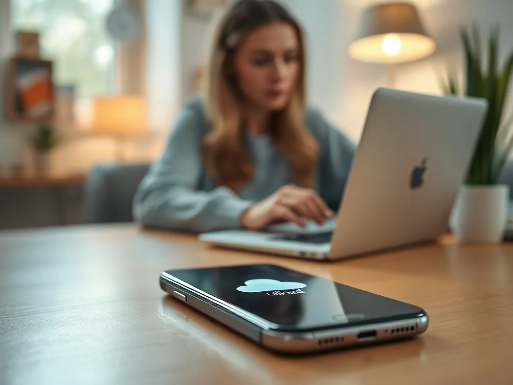 iPhone leżący na biurku z ikoną chmury na ekranie, symbolizujący proces tworzenia kopii zapasowej danych w iCloud.