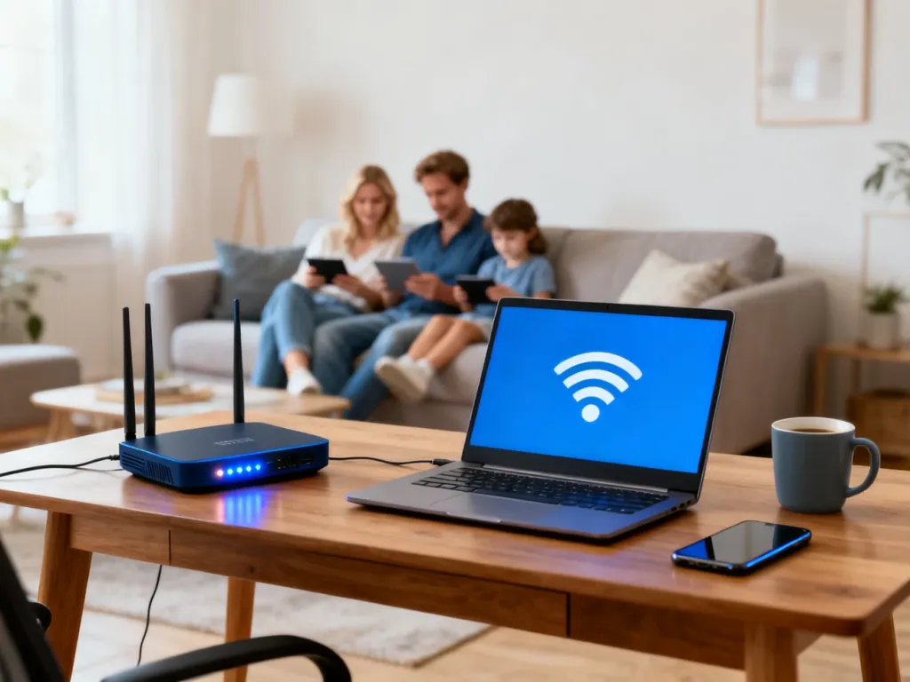 Przytulny salon z rodziną korzystającą z urządzeń mobilnych, na pierwszym planie biurko z laptopem, routerem i ikoną Wi‑Fi.