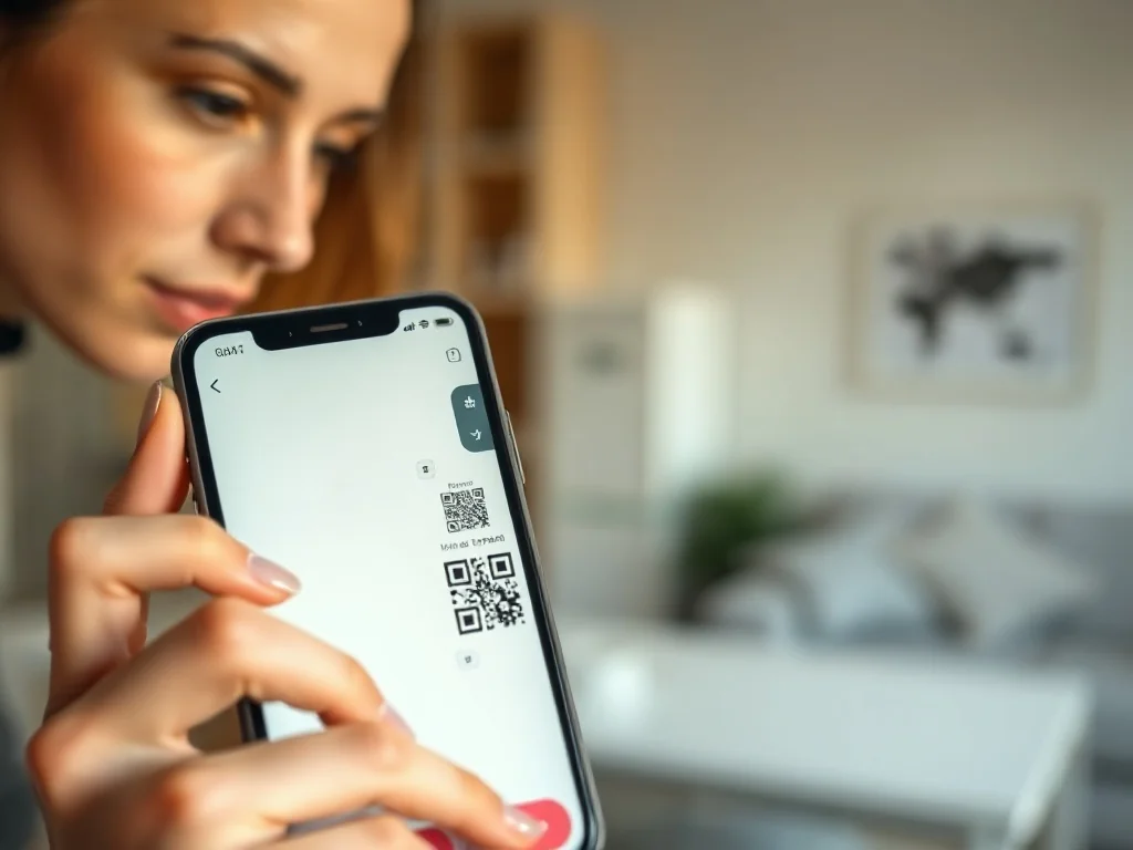 Ekran iPhone’a z otwartym interfejsem skanowania kodu QR w jasnym, minimalistycznym biurze.