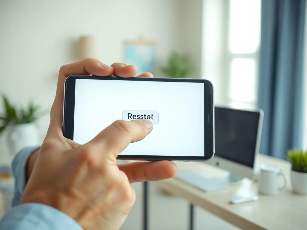 Dłoń trzymająca smartfon z widocznym przyciskiem resetowania na ekranie, przygotowująca urządzenie do ustawień fabrycznych.