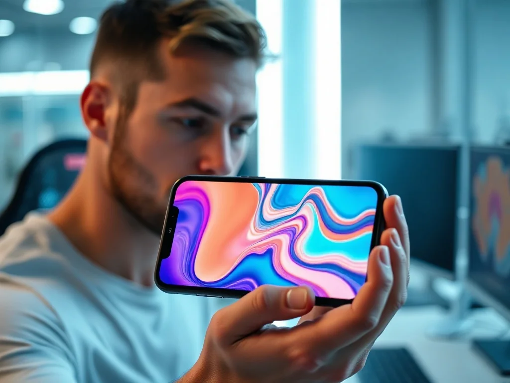 Mężczyzna trzymający iPhone’a z płynną, kolorową animacją na ekranie, podkreślającą wysoką częstotliwość odświeżania.