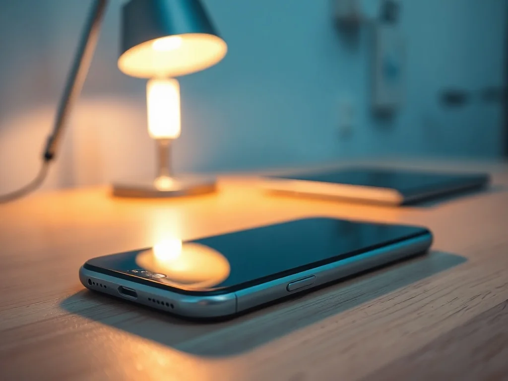 Elegancki iPhone 12 leżący na minimalistycznym drewnianym biurku w profesjonalnym oświetleniu.