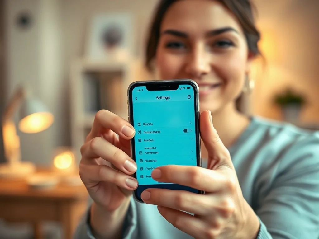 Kobieta trzymająca iPhone'a, na którego ekranie wyświetlone jest menu ustawień telefonu.