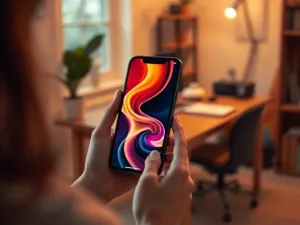 Nowoczesny smartfon leżący na drewnianym biurku w jasnym, profesjonalnym biurze.