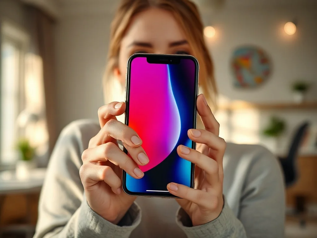Kobieta trzymająca w dłoniach nowoczesnego iPhone'a w jasnym, domowym biurze.
