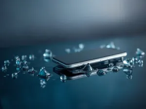 Kobieta czyści ekran smartfona miękką ściereczką z mikrofibry w jasnym, minimalistycznym biurze.