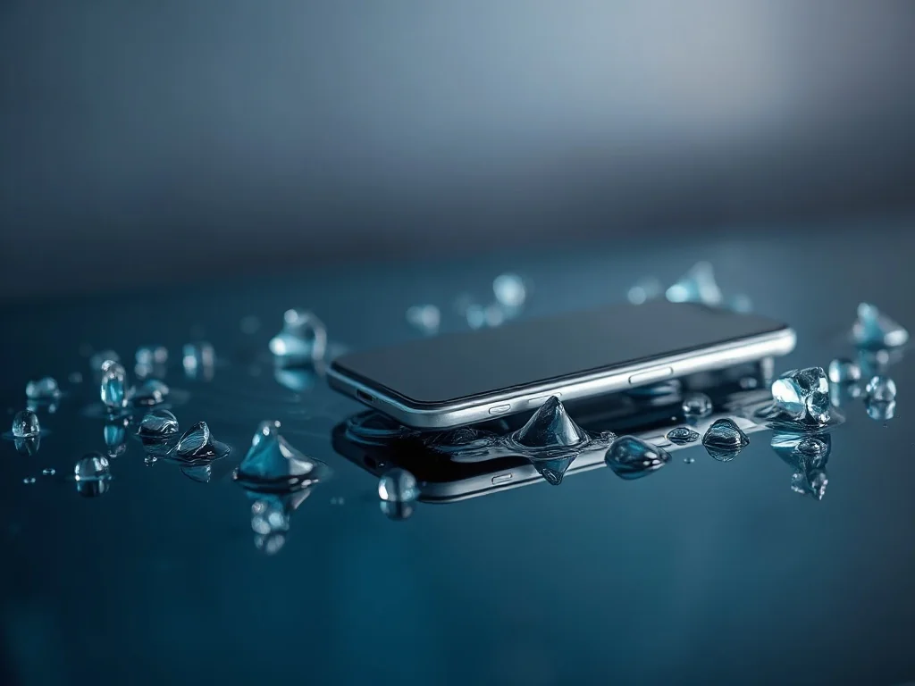 Smartfon leżący na ciemnej powierzchni z kroplami wody, podkreślający jego odporność na zachlapania.