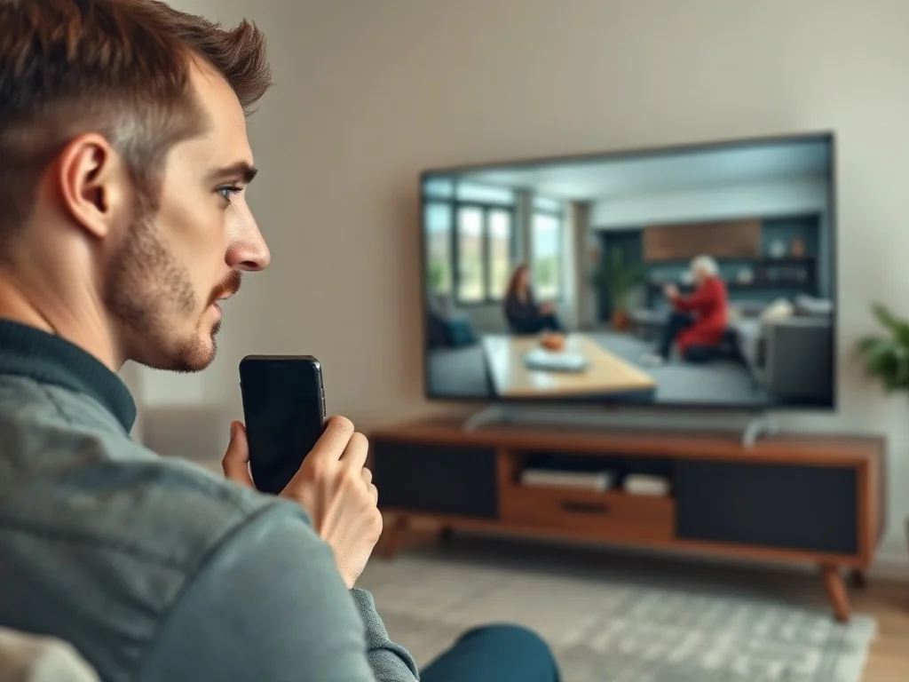 Mężczyzna trzymający iPhone’a skierowanego w stronę telewizora, co obrazuje proces bezprzewodowego udostępniania ekranu.