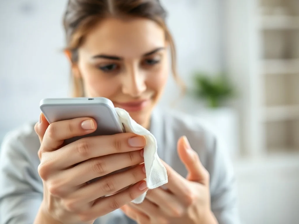 Kobieta czyści ekran smartfona miękką ściereczką z mikrofibry w jasnym, minimalistycznym biurze.