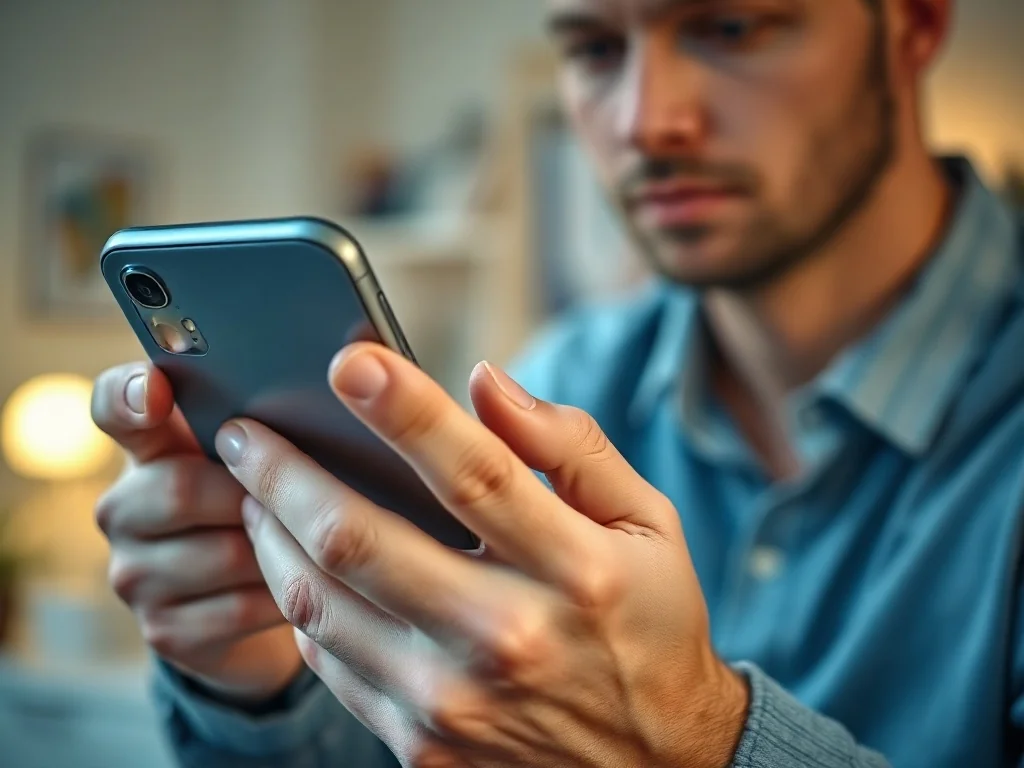 Dłonie trzymające smartfon z palcem wskazującym dotykającym ekranu, aby rozpocząć nagrywanie wideo.