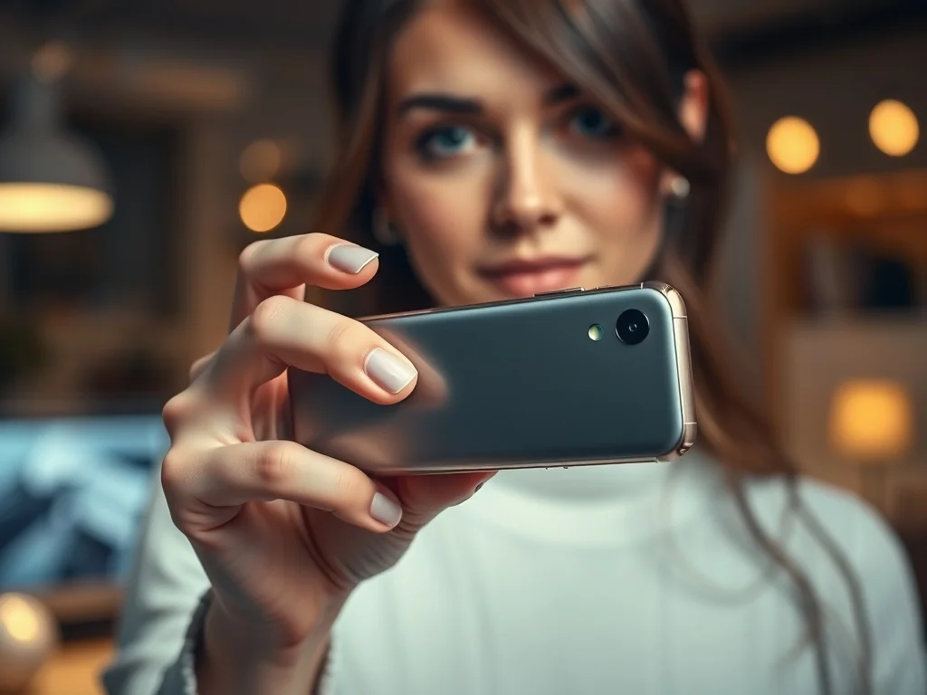 Kobieta trzymająca w dłoni smukłego iPhone'a 15, prezentująca jego nowoczesny design i kompaktowe wymiary.