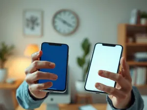 Kobieta z zadowoleniem sprawdza ustawienia pamięci w swoim smartfonie w przytulnym domowym biurze.