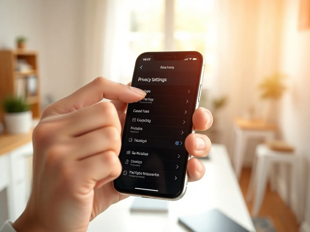 Dłoń trzymająca iPhone'a z otwartym menu ustawień prywatności w jasnym, minimalistycznym biurze.