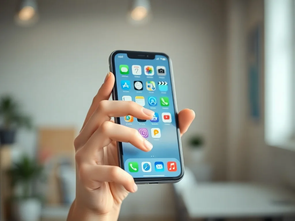 Dłoń trzymająca iPhone'a z widocznymi ikonami aplikacji na ekranie głównym w jasnym, biurowym otoczeniu.