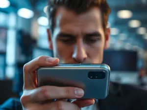 Dłonie trzymające smartfon z palcem wskazującym dotykającym ekranu, aby rozpocząć nagrywanie wideo.