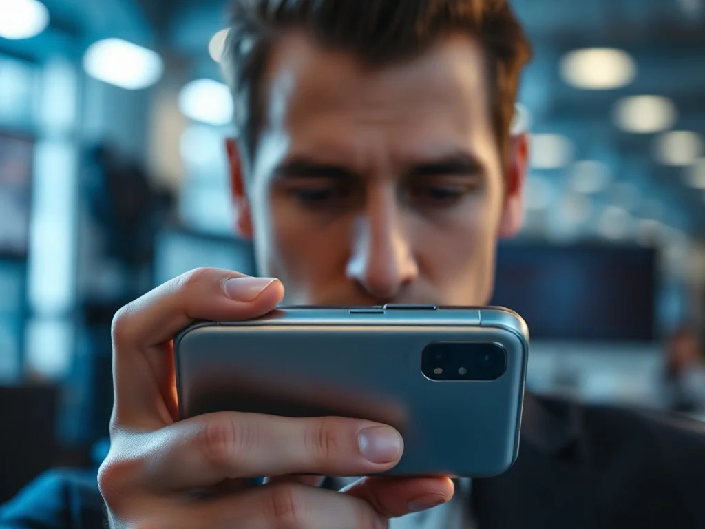 Nowoczesny smartfon z metalową ramką trzymany w dłoni na tle profesjonalnego, technologicznego biura.