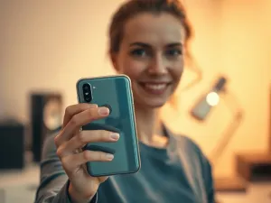 Nowoczesny smartfon leżący na drewnianym biurku w jasnym, profesjonalnym biurze.
