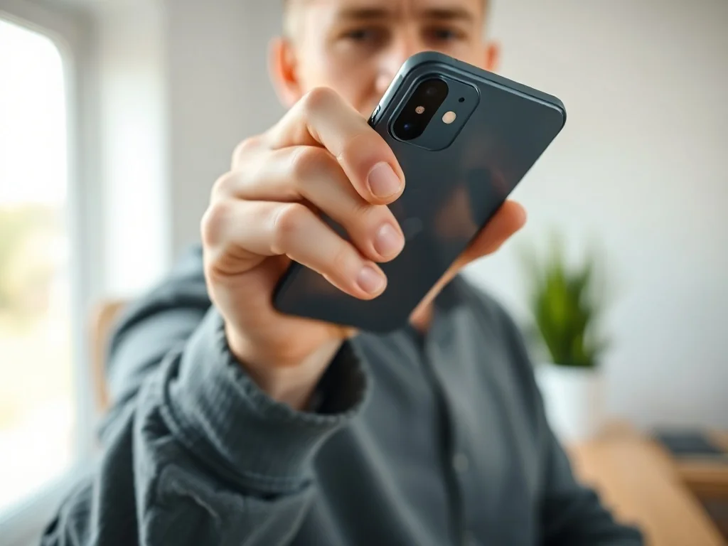 Dłoń trzymająca iPhone'a 16, z wyraźnym widokiem na przyciski boczne służące do wyłączania urządzenia.