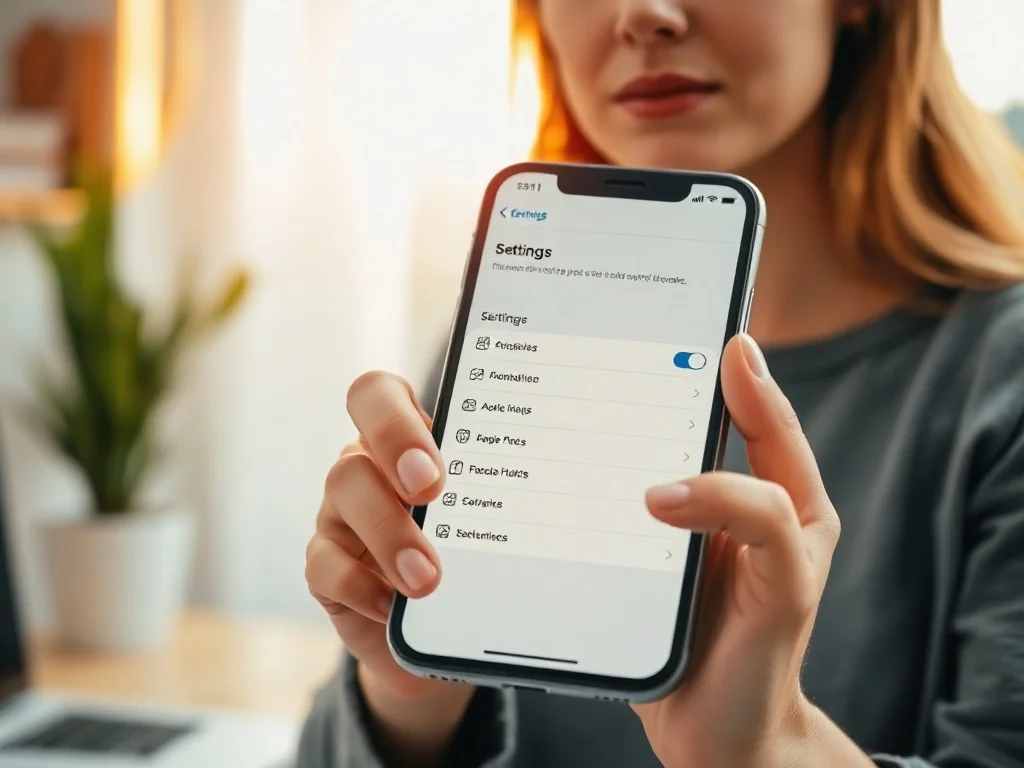 Kobieta trzymająca iPhone'a, na którego ekranie widoczne są ikony ustawień w jasnym, minimalistycznym biurze.